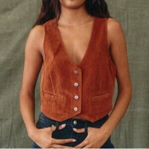 Brown Corduroy Cropped Vest Boho Western Southwestern Festival - XS